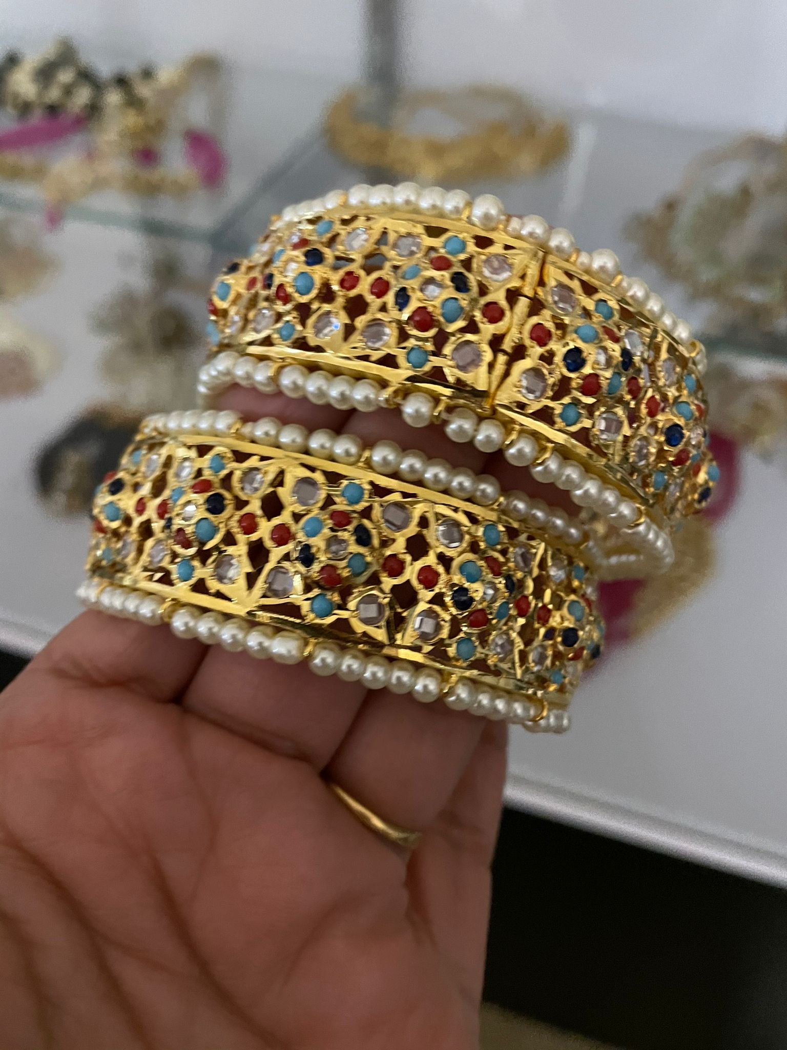 Jaddau Hyderabadi Navratan style openable gold plated kadas/bangles in