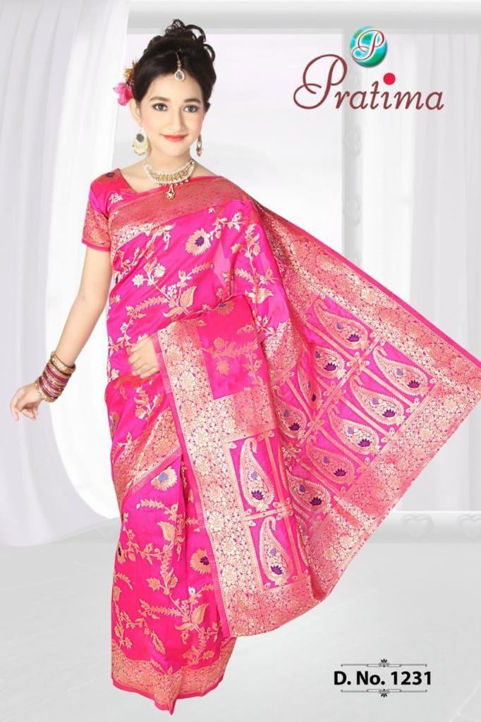 Girl's Ethnic Annaprashan Bengali style Banarasi Pink Ready to Wear Pre-stitched Saree