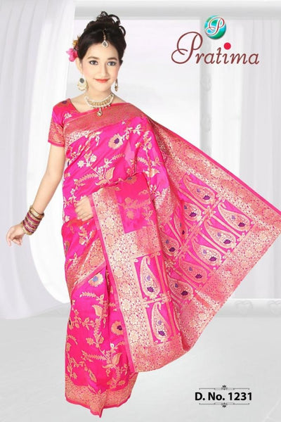 Girl's Ethnic Annaprashan Bengali style Banarasi Pink Ready to Wear Pre-stitched Saree