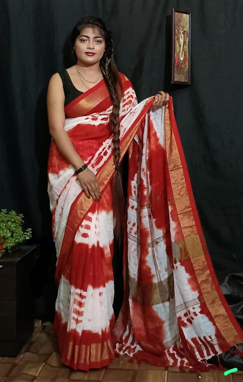 Agamoni Durga Puja Collection Red & White 3D linen Saree