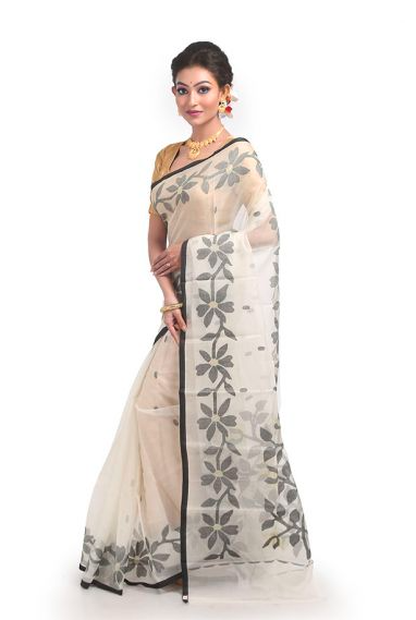 Off-White with Black Floral Border Ethnic Resham Silk Muslin Saree