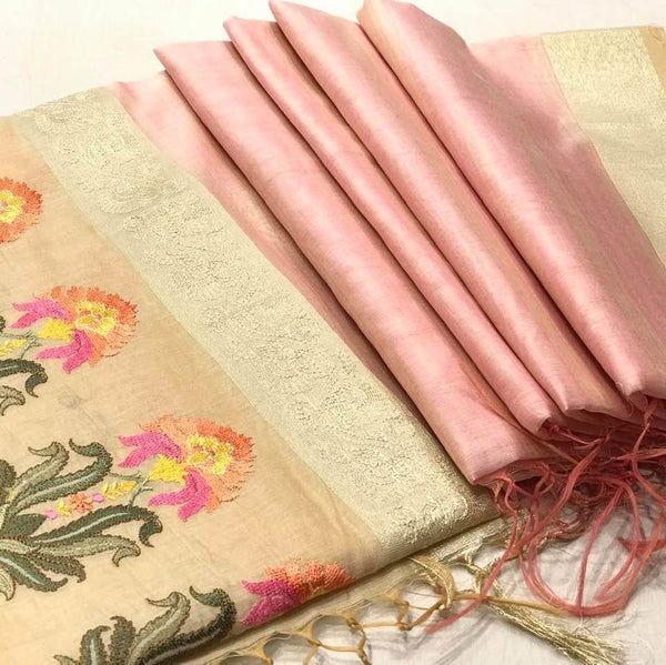 Pink and Gold Handloom Cotton Silk Saree with Floral Embroidery on the Border