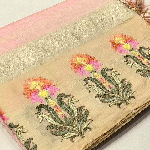 Pink and Gold Handloom Cotton Silk Saree with Floral Embroidery on the Border