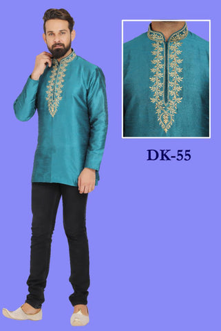 Sea Green Colored Embroidered Silk Mens Short Kurta