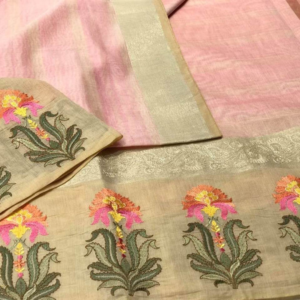Pink and Gold Handloom Cotton Silk Saree with Floral Embroidery on the Border