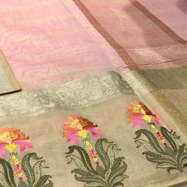 Pink and Gold Handloom Cotton Silk Saree with Floral Embroidery on the Border