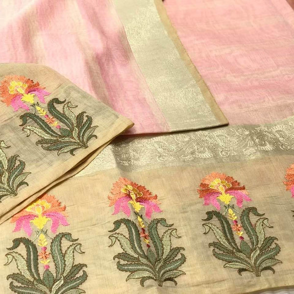 Pink and Gold Handloom Cotton Silk Saree with Floral Embroidery on the Border