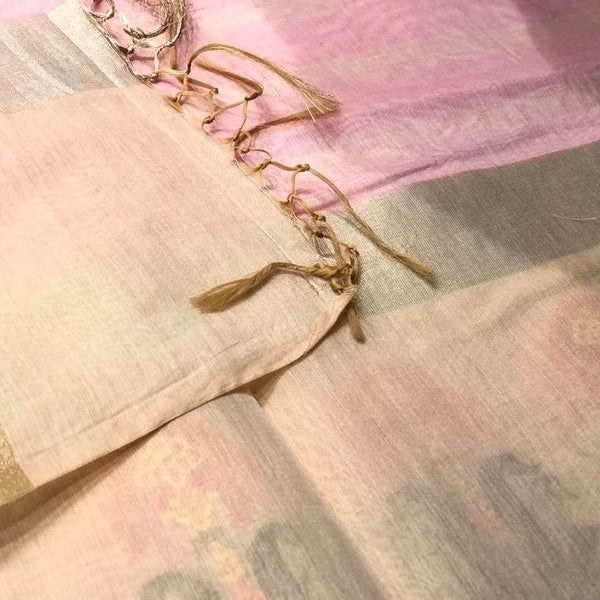 Pink and Gold Handloom Cotton Silk Saree with Floral Embroidery on the Border