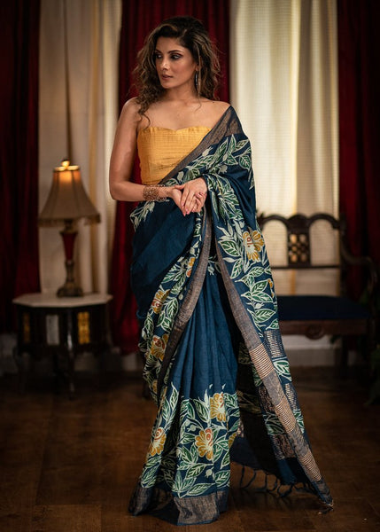 MIDNIGHT BLUE DESIGNER HAND BATIK CHANDERI SAREE