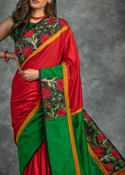 RED SEMI SILK SAREE WITH HAND EMBROIDERED KANTHA WORK BORDER