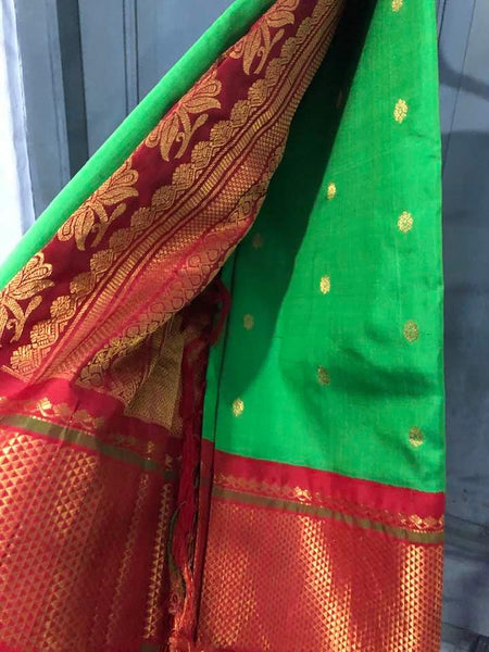 Parrot Green & Red Pure Silk Gadhwal Saree