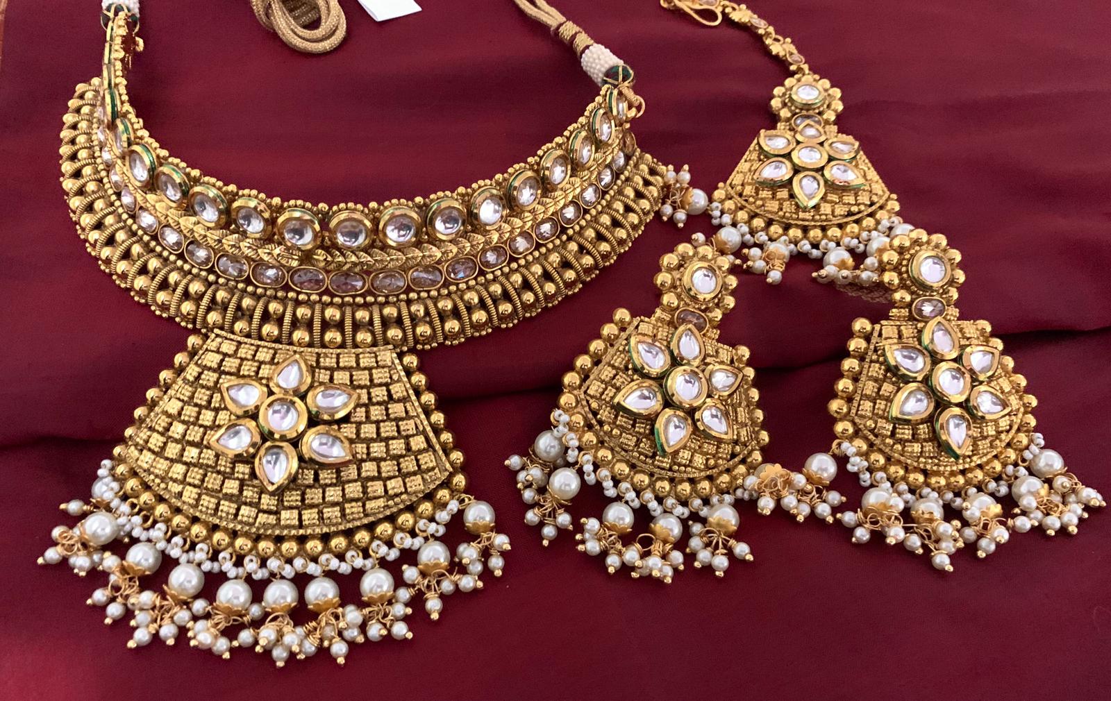 Gold Plated High Quality Choker Necklace Set with White Stones & Beads & Matching Earrings & Mang Tika