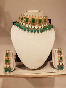 Gold and Green Color Combo Kundan Filgiri Work Choker Necklace Set with Green Stones &  Beads & Matching Earrings with Sea Green Beads