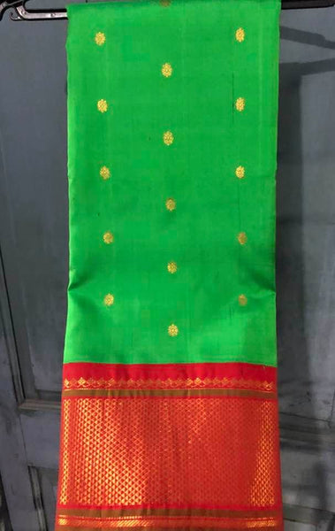 Parrot Green & Red Pure Silk Gadhwal Saree
