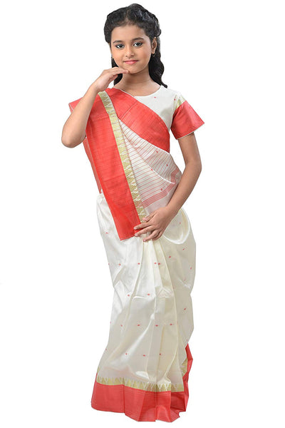 Girls Ethnic White & Red Silk Pre Stitched Saree
