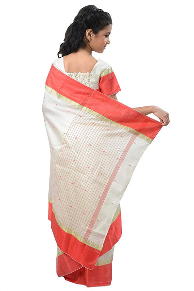 Girls Ethnic White & Red Silk Pre Stitched Saree