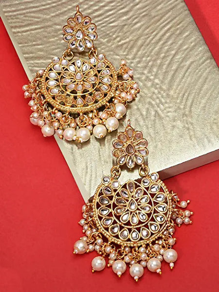 Ethnic Gold Tone Kundan & Pearls Dangle Earring