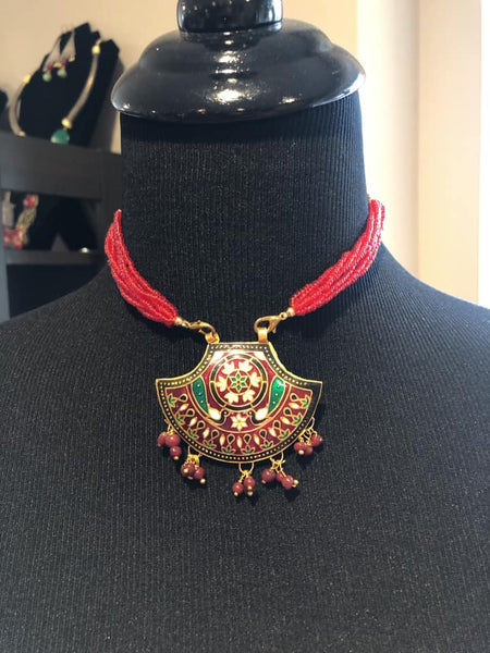Red Beaded Meenakari Multiple Strand Necklace with Matching Earrings with Dori