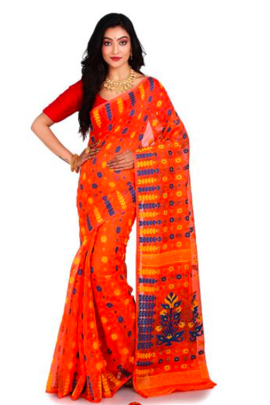 Carrot Color Stylist Soft  Dhakai Jamdani Saree