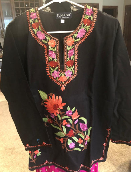 Black and Peach Pure Wool Kashmiri Embroidered Kurti