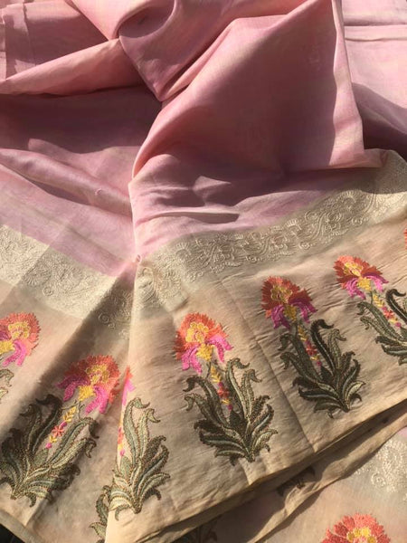 Pink and Gold Handloom Cotton Silk Saree with Floral Embroidery on the Border