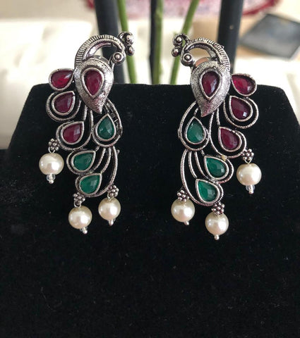 Beautiful Green & Red Peacock Earrings With Pearl Drops