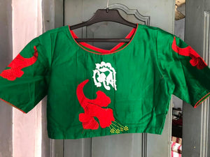 Green Cotton Silk Devi Embroidered Blouse
