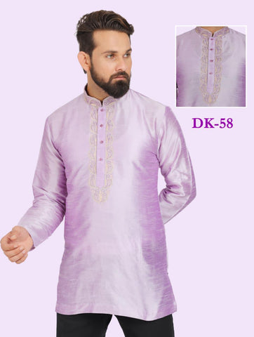 Violet Colored Embroidered Silk Mens Short Kurta