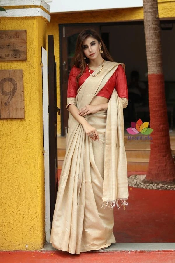 Beige Organic Jhute Cutwork handloom Silk Saree