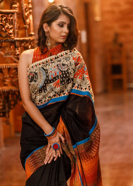 BLACK CHANDERI SAREE WITH EXLCUISVE HAND PAINTED MADHUBANI PAINTING & IKAT BORDER