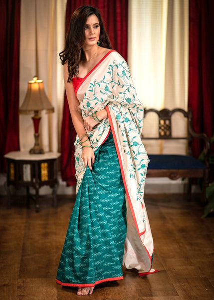 EMBROIDERED SAREE WITH MERCERISED COTTON IKAT PLEATS