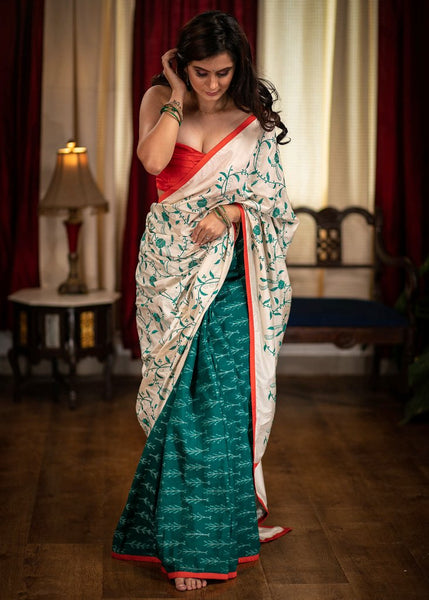 EMBROIDERED SAREE WITH MERCERISED COTTON IKAT PLEATS