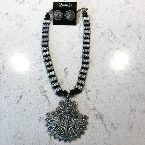 Peacock Shaped German Silver Black Colored Necklace Set with Earrings
