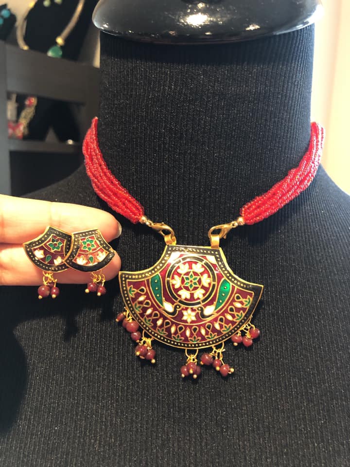 Red Beaded Meenakari Multiple Strand Necklace with Matching Earrings with Dori