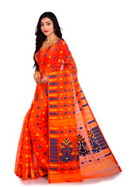 Carrot Color Stylist Soft  Dhakai Jamdani Saree