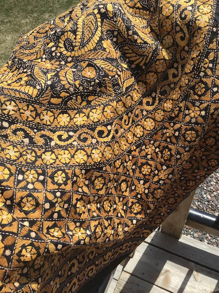 Pure Bangalore Silk Kantha Stitched Black Saree