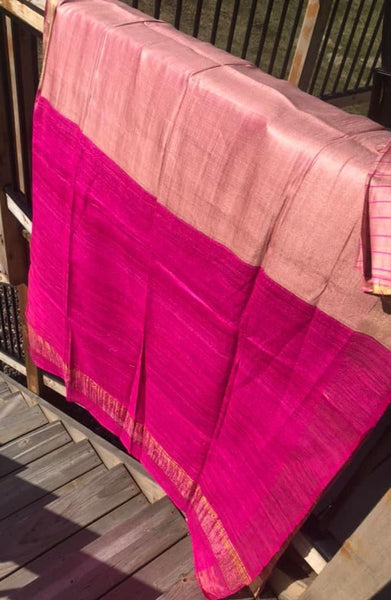 Dual Shaded Bhagalpuri Silk Saree In Pastel Peach Pink with Magenta Pink Aachal