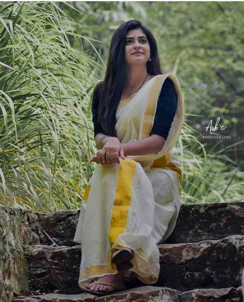 White & Gold Pure Kerala Cotton Saree