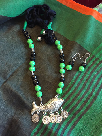 Green & Black Beaded Necklace With Fish Pendant