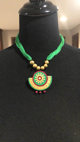 Green Terracotta Necklace And Earrings Set