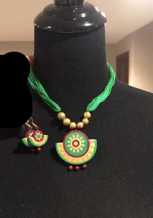 Green Terracotta Necklace And Earrings Set