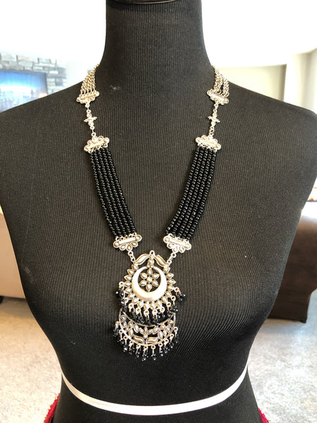 Long Black and Silver Necklace with Adjustable Dori