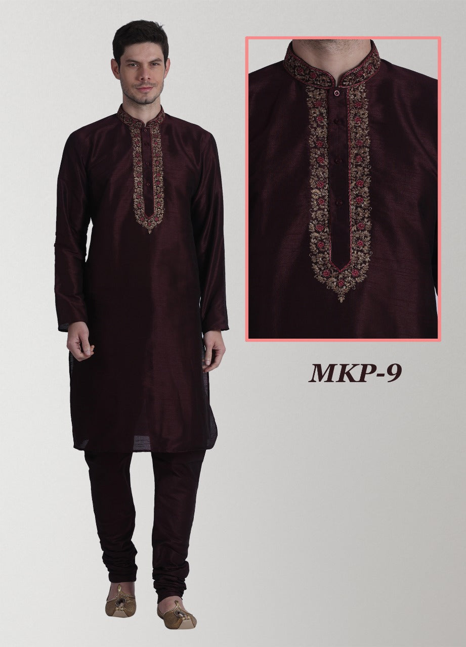 Pure Maroon Embroidered Kurta Pyjama Set