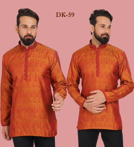 Rust Orange Embroidered Silk Mens Short Kurta