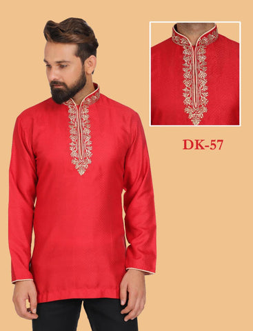 Red Shaded Colored Embroidered Silk Mens Short Kurta