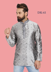 Grey Mens Dupion Silk Embroidered Kurta