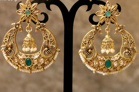 Gold Plated Earrings With Olive Green Stone