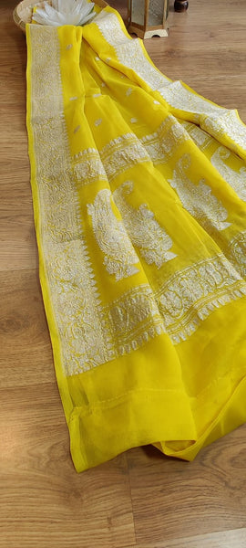 Pure Yellow Handwoven Khaddi Chiffon Georgette with Pure Silver Zari
