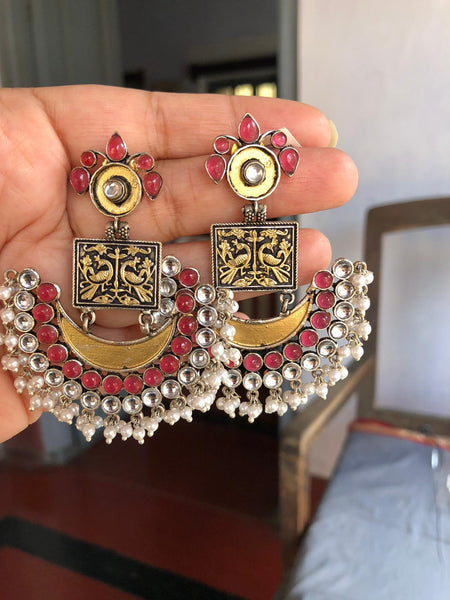 Antique Earrings with Intricate Peacock Design with Semi Precious Stones