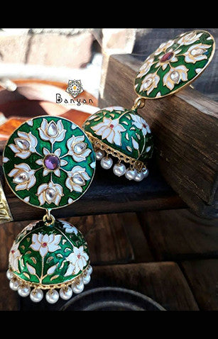 Green Kundan Enameled Jhumka Earrings